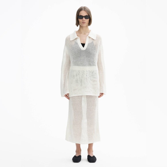 House of Dagmar Linen Crochet Knit Polo Sweater Top in Off-white XXS - Picture 8 of 11